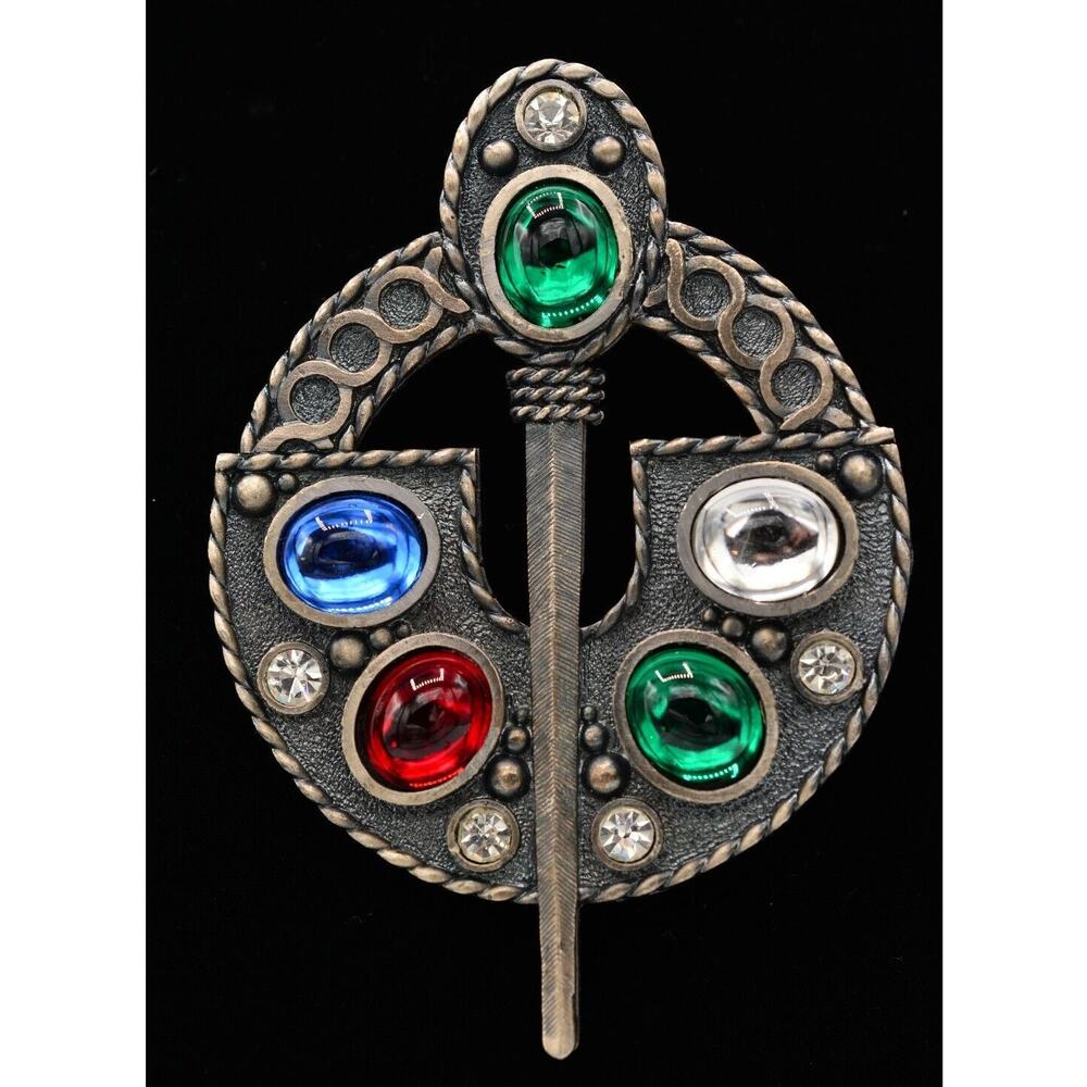 Vintage Pin Brooch Cabochon Large Heavy Celtic Ardagh Red Blue Chunky 70s BinAJ - Picture 1 of 12